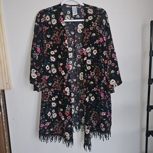 Floral Beach Cover-Up Kimono Cottagecore Black Pink Fringe Layering Loose Fit